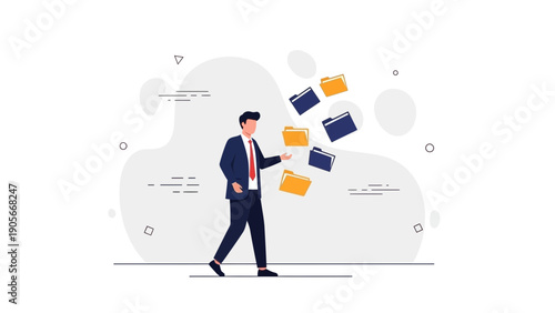 Businessman juggling folders, concept of multitasking and organization