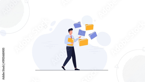 Businessman juggling files and folders, symbolizing organization and workflow