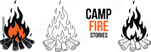 Set of Rustic Campfire Vector Illustrations Featuring Outdoor Wood Fire Burning Logs and "Camp Fire Stories" Typography Design for Camping Adventures Scouting Wilderness Exploration and Summer Camp Br
