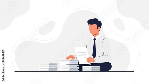 Man in Suit Sorting Documents and Paperwork Stacked High