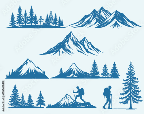 Mountain landscapes and hikers in blue silhouette illustrations