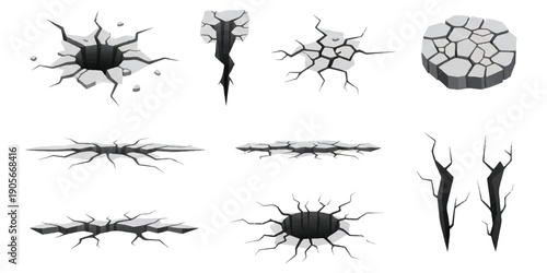 A collection of stylized black and white illustrations showing various cracks, holes, and fissures in surfaces