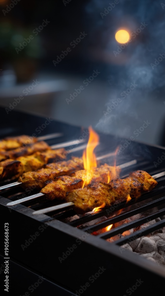 custom made wallpaper toronto digitalGrilled Skewers Cooking on Charcoal with Flames and Smoke at Outdoor Food Stall