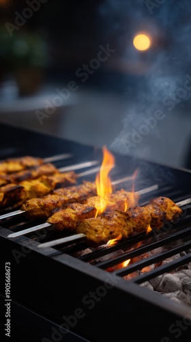 Grilled Skewers Cooking on Charcoal with Flames and Smoke at Outdoor Food Stall