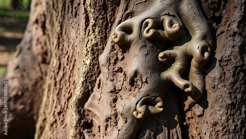 lignin. Close-up of a tree root with knotted protrusions and rough texture in a woodland. ESG reports, sustainability campaigns, designed for sustainability communications and ESG reporting.