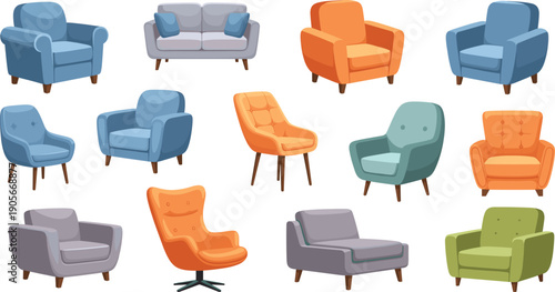 Modern Armchair and Sofa Vector Illustration Set with Colorful Lounge Seating Furniture for Interior Design, Living Room Decor, Furniture Catalogs, and Home Styling Graphics