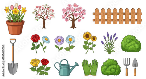 Spring garden nature vector cartoon icon set with flower pot, blossom trees, fence, flowers, bushes. Summer backyard green gardening collection, shovel, equipment. Spring garden environment objects