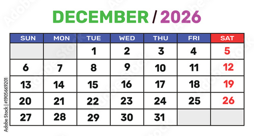 December 2026 calendar with days of the week and dates