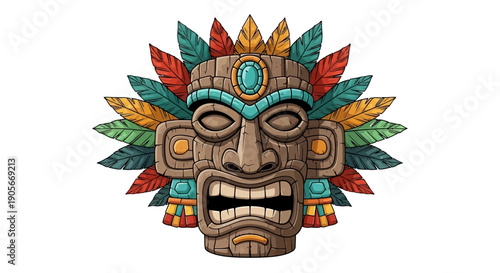 Cartoon tiki mask vector illustration, Hawaii totem face, stone tribal Aztec warrior head, isolated on white. Tropical maya native culture sculpture, primitive traditional art. Ritual tiki mask, jewel