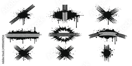 A set of black grunge tire track elements with splatters and drips for graphic design projects