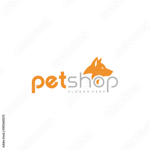 Pet Shop Logo With Dog Silhouette And Petshop Text In Orange And Gray On White Background
