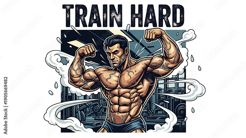 Obraz premium Muscular man flexing, bodybuilding illustration, fitness motivation, gym poster