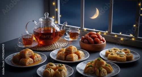 Traditional Ramadan Iftar Table with Hot Tea, Fresh Dates, and Assorted Sweets.