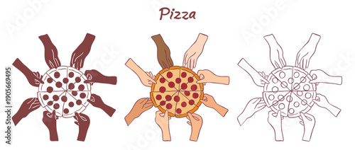 sharing pizza - hands taking and holding pizza slice illustration set - doodle, color