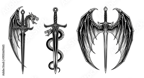 Fantasy sword tattoo set, vector linocut magic blade, dragon wings, fairy tale silhouette collection. Mystic legend snake print, spiritual medieval logotype, witchcraft sign. Sword tattoo black design