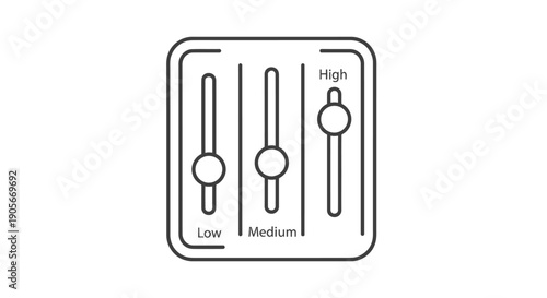 Line art icon of a control panel with three vertical sliders for low, medium, and high settings.