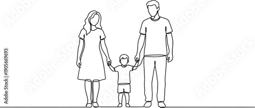 Minimalist continuous line drawing depicting a mother and father standing together holding hands with their young son in a simple unified family portrait illustration