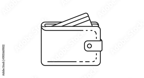A line art illustration of a bifold wallet with a credit card inside, depicting financial transactions and personal finance.