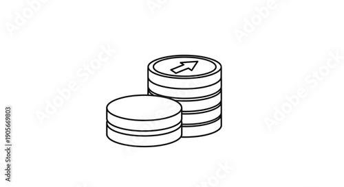 Line art illustration of two stacks of coins, one shorter and one taller with an upward arrow, symbolizing financial growth and investment.
