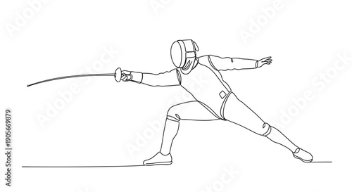 Minimalist one line drawing depicts a skilled fencer wearing protective gear lunging forward aggressively with a foil during a competitive bout.