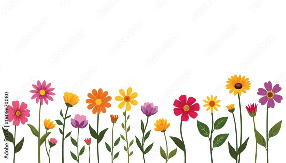 Fototapeta premium Titles: Colorful Flowers Illustration, Spring Garden Floral Border, Vibrant Blossom Vector Design, Cheerful Nature Elements
