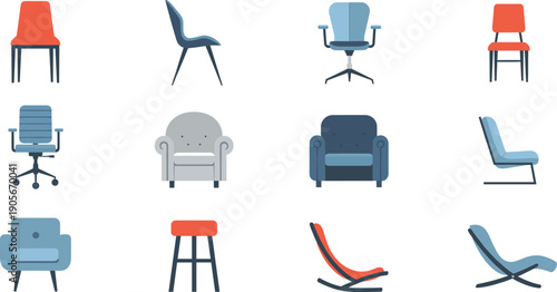 Modern Chair and Armchair Vector Illustration Set with Office, Lounge, and Dining Furniture Designs for Interior Design, Home Decor, and UI Graphics