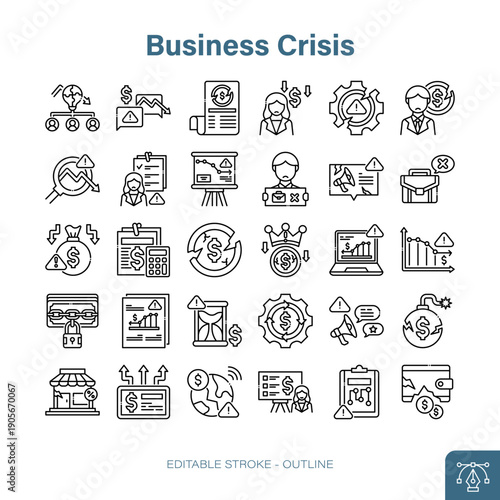 Business Crisis Outline Icon Set for Financial Problems