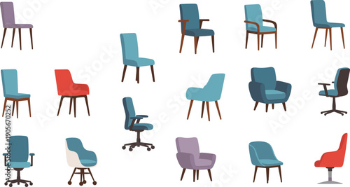 Modern Chair and Armchair Vector Illustration Set with Office, Lounge, and Dining Seating Designs for Interior Design, Home Decor, Furniture Catalogs, and UI Graphics