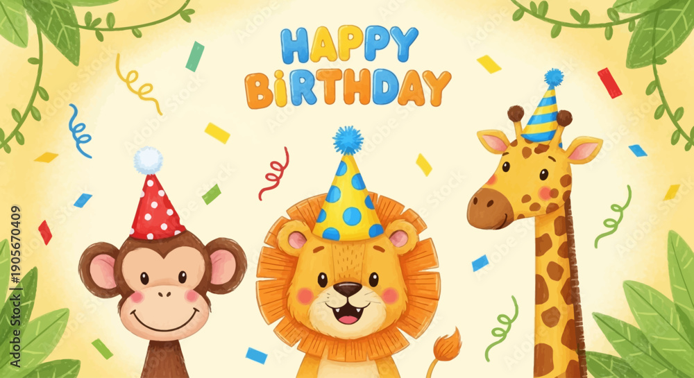 Fototapeta premium Kids cute animal print, hand drawn happy birthday party cartoon colorful pencil postcard elements. Baby lion, monkey face, giraffe in funny hat, holiday confetti scribble. Jungle kids animal poster