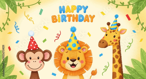 Kids cute animal print, hand drawn happy birthday party cartoon colorful pencil postcard elements. Baby lion, monkey face, giraffe in funny hat, holiday confetti scribble. Jungle kids animal poster