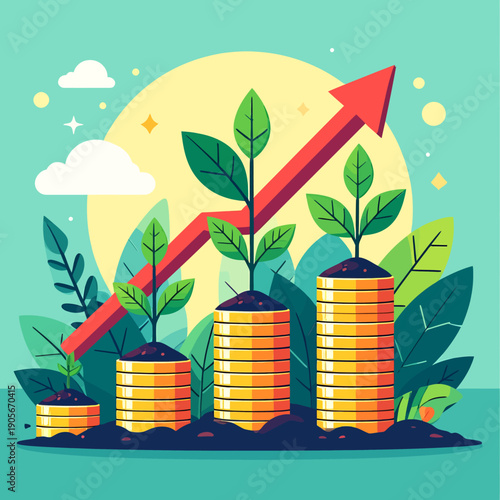 Flat design vector illustration shows investment growth concept with upward arrow graph rising