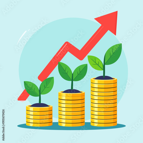 Investment growth concept with upward arrow graph rising from coins and plants