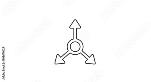 Line art icon of a central circle with three diverging arrows pointing outwards.