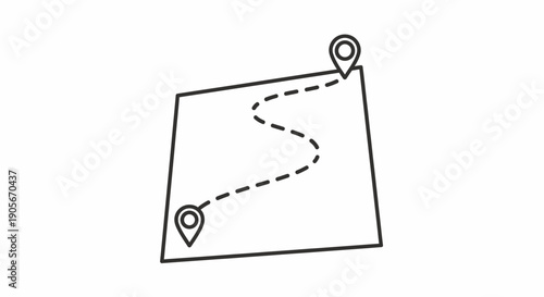 Simple line drawing of a map with two location pins and a dashed route connecting them.
