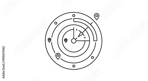Abstract illustration of a radar screen with location pins and a scanning arm, depicting navigation or tracking.