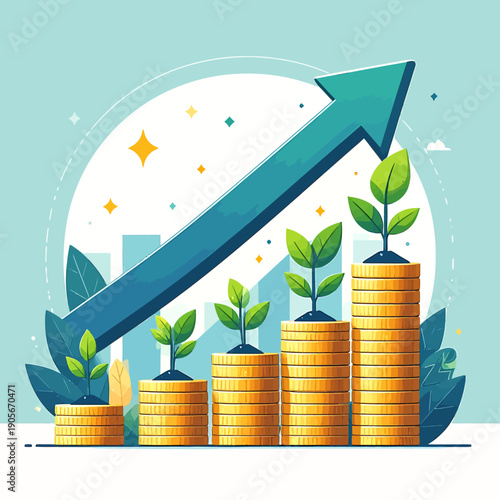 Flat design vector illustration shows investment growth concept with upward arrow graph rising