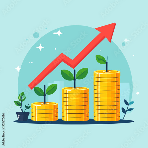 Investment growth concept with upward arrow graph rising on stacks of coins