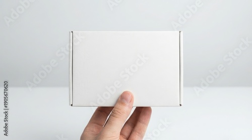 A blank white cardboard box being held by a human hand