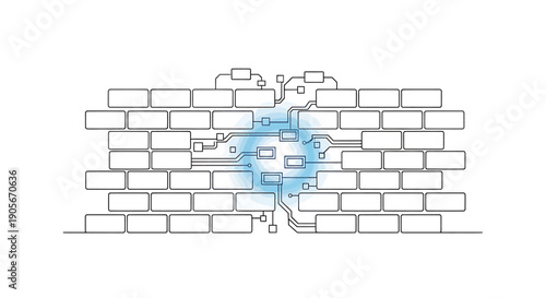 Digital circuit elements breaking through a brick wall, symbolizing a breach, cyber attack, or technological integration.