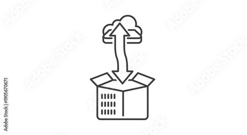 Outline icon depicting data or content being uploaded from an open box to a cloud storage system.
