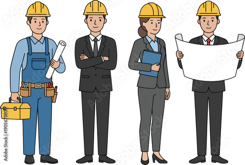 Diverse group of construction and business professionals standing in a row