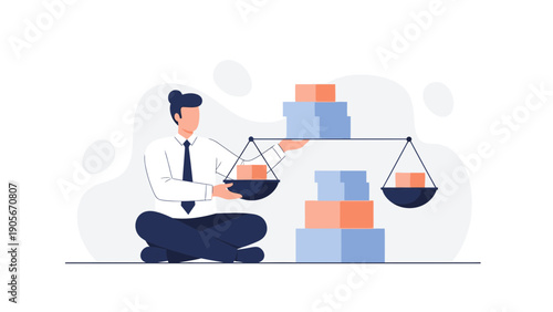 Businessperson Balancing Scales with Boxes, Concept of Decision Making and Strategy
