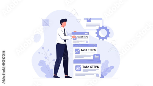 Business man organizing task steps, workflow management, project planning, modern illustration
