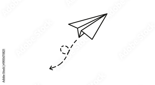 A minimalist line art illustration of a paper airplane flying with a dashed path, symbolizing travel or communication.