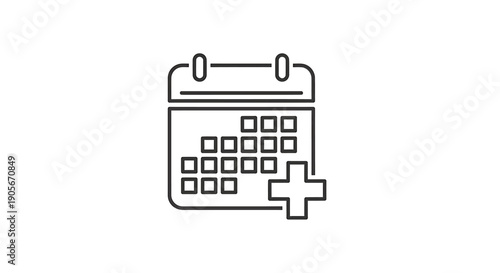A line art icon of a calendar with a plus sign, symbolizing adding an event or date to a schedule.
