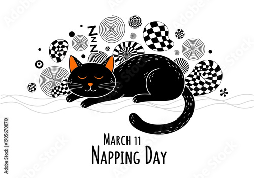Black cat sleeping on march 11 napping day illustration