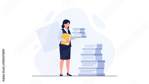 Businesswoman with Stack of Papers and Folder - Office Work Concept