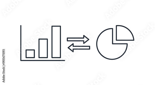 Icon representing data visualization conversion between bar charts and pie charts, illustrating different ways to present statistical information.
