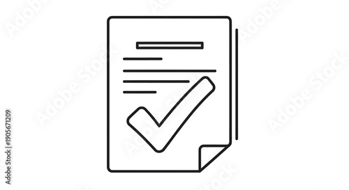 Line art icon of a document with a large checkmark, symbolizing approval, completion, or verification.