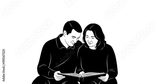 Couple sitting together reading a book with happy expressions.